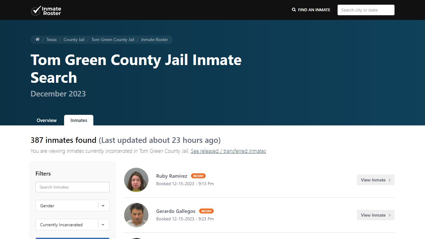 Current Inmate Roster for Today | Tom Green County Jail